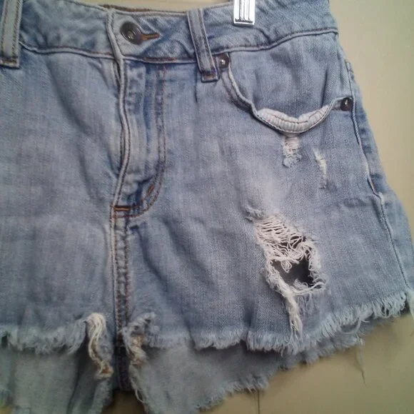 Bullhead Shorts 5 Denim Distressed Raw Hem Blue - Picture 9 of 12